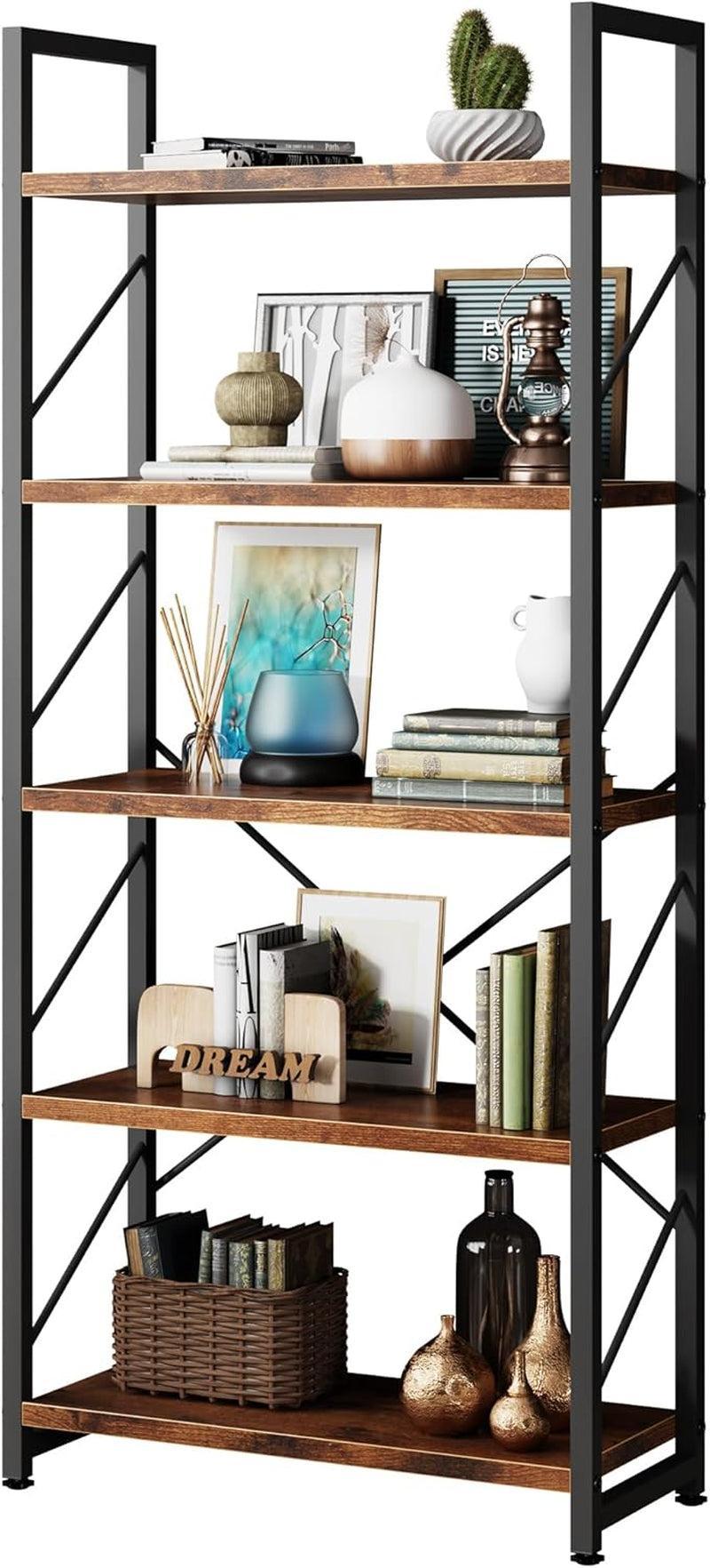Brown Five Tier Metal Bookcase For Living Room Decor