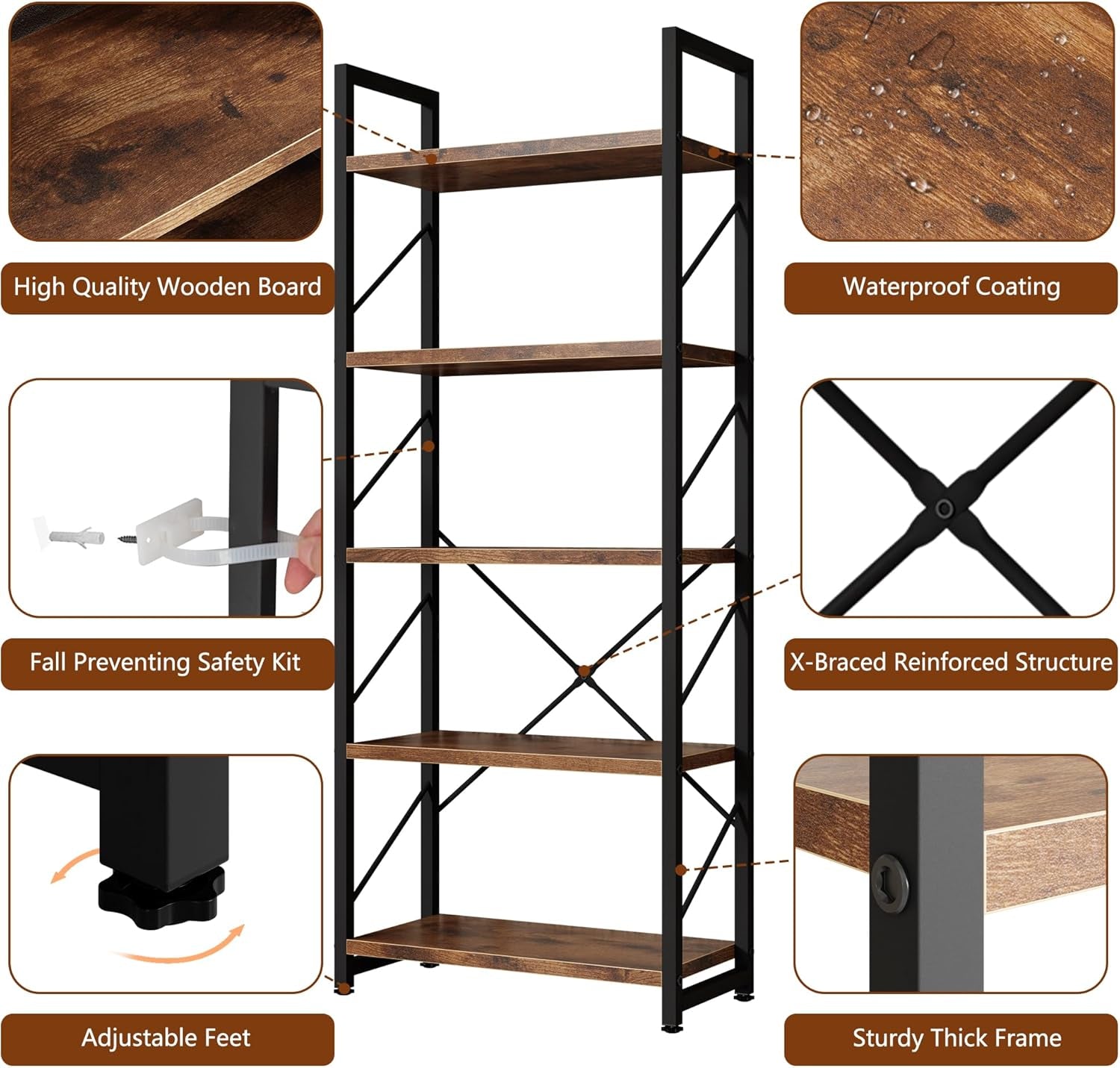 Brown Five Tier Metal Bookcase For Living Room Decor