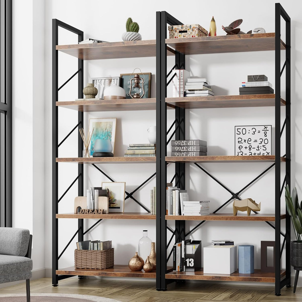 Brown Five Tier Metal Bookcase For Living Room Decor