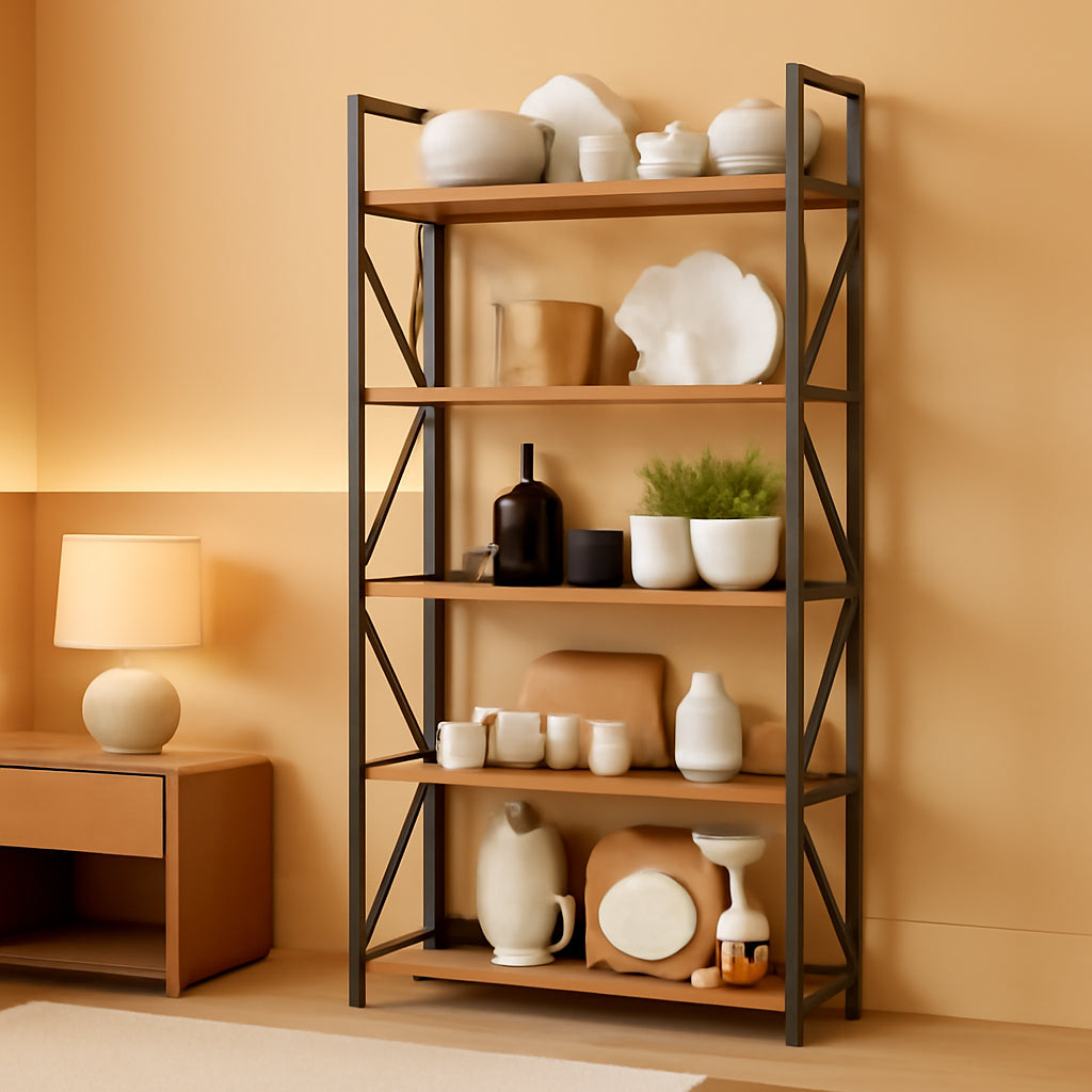 Brown Five Tier Metal Bookcase For Living Room Decor