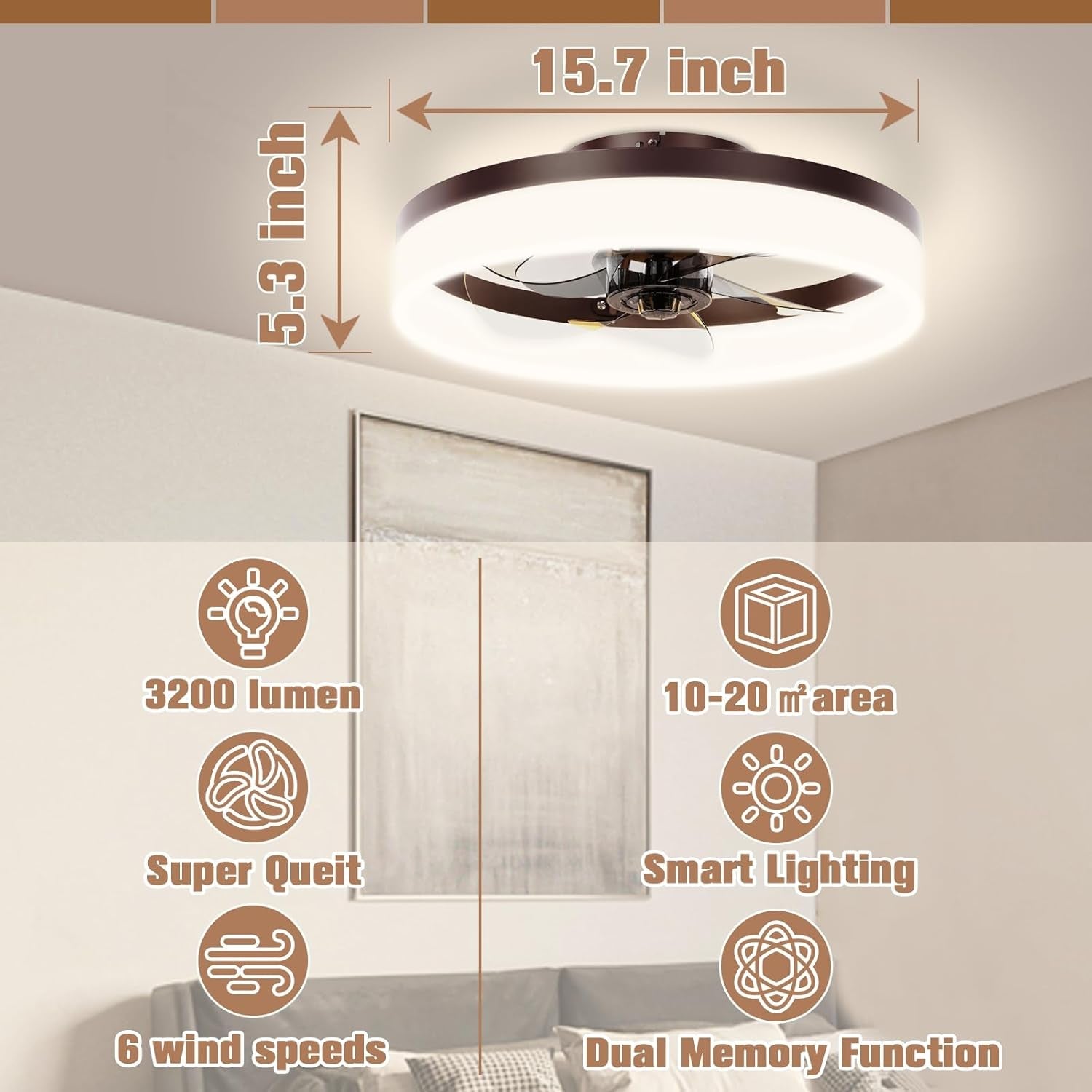 Brown Flush Mount Bladeless Fan Light With Dimmable LED