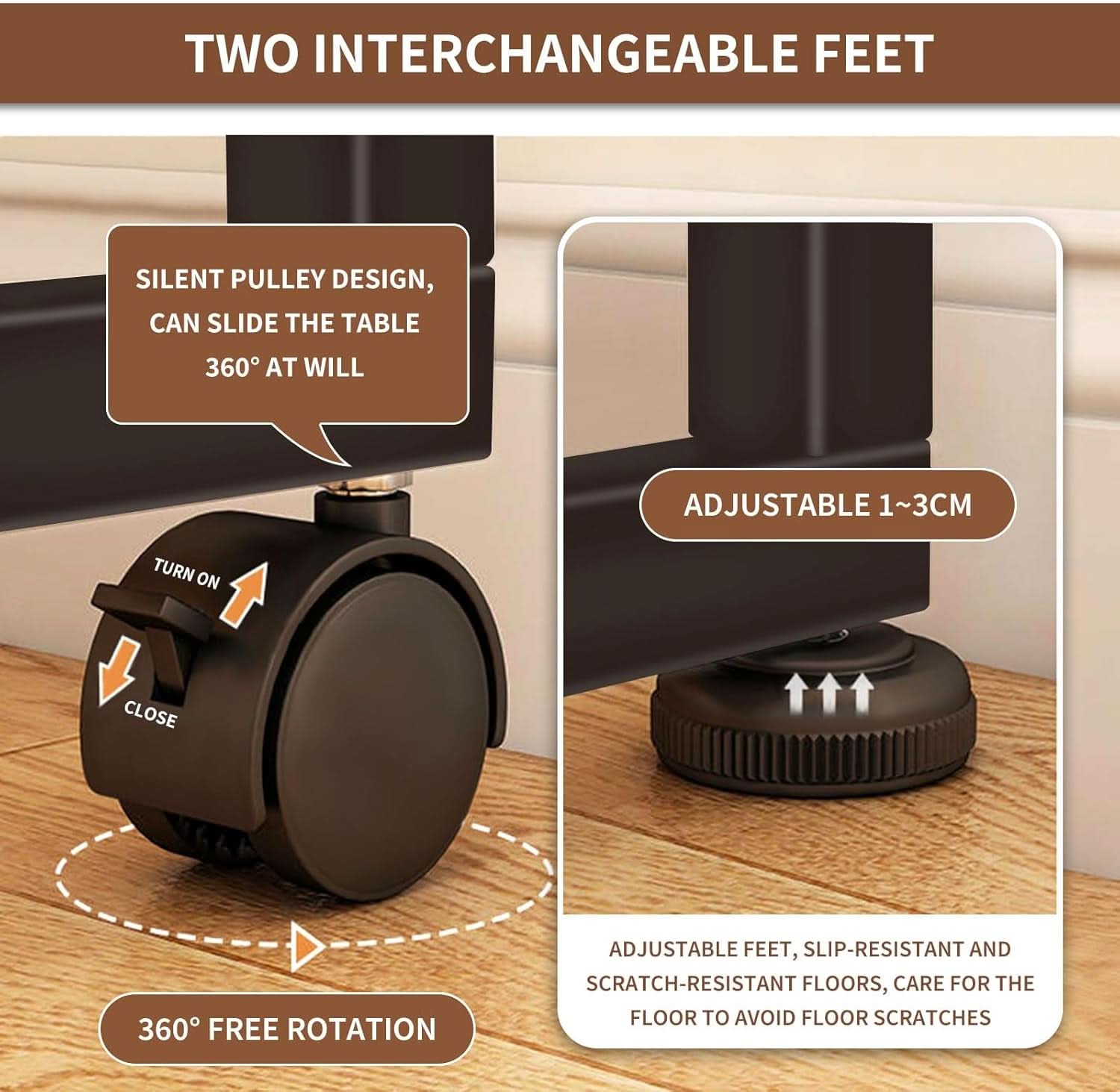 Brown Foldable Computer Desk With Wheels And Storage For Home Office
