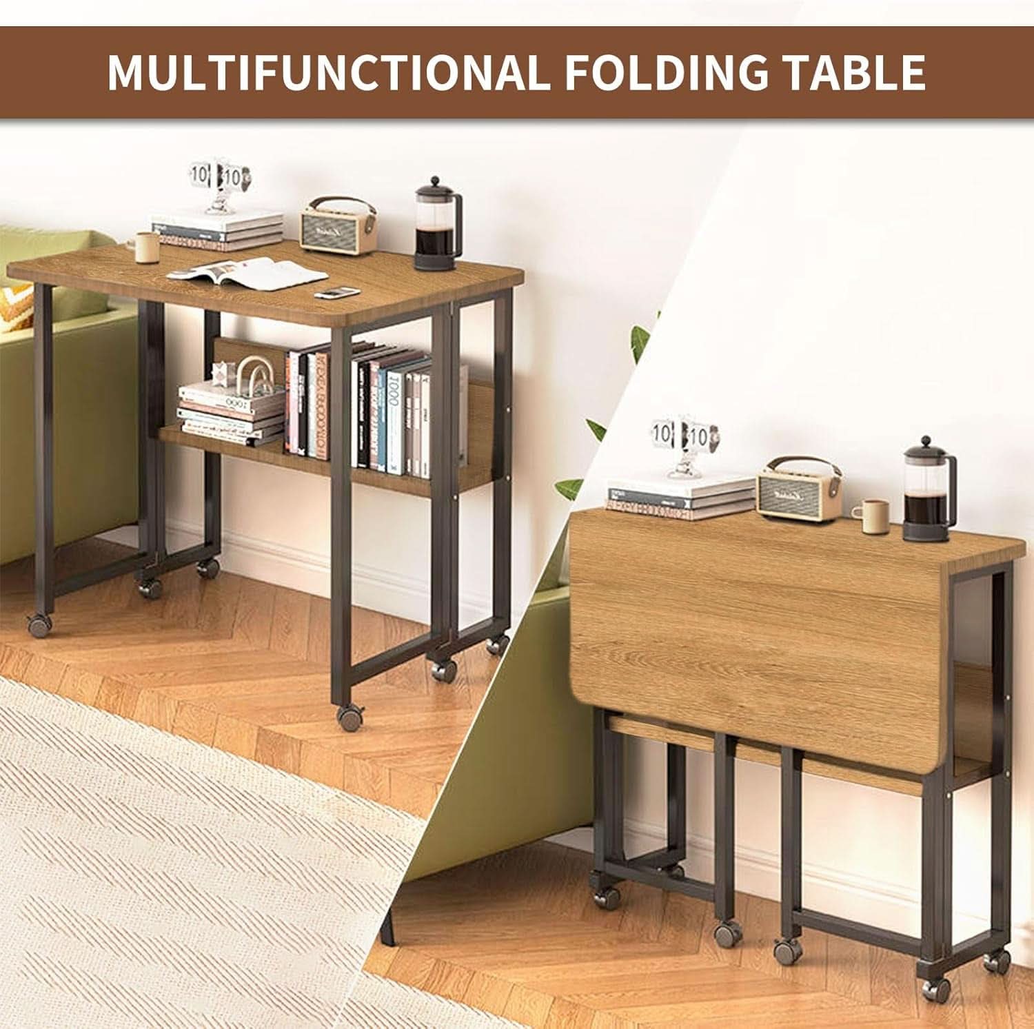 Brown Foldable Computer Desk With Wheels And Storage For Home Office
