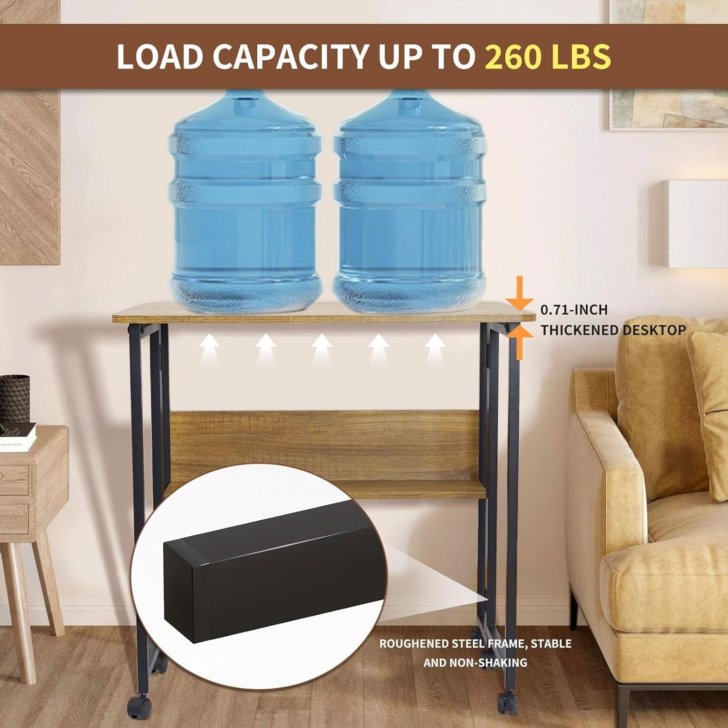 Brown Foldable Computer Desk With Wheels And Storage For Home Office