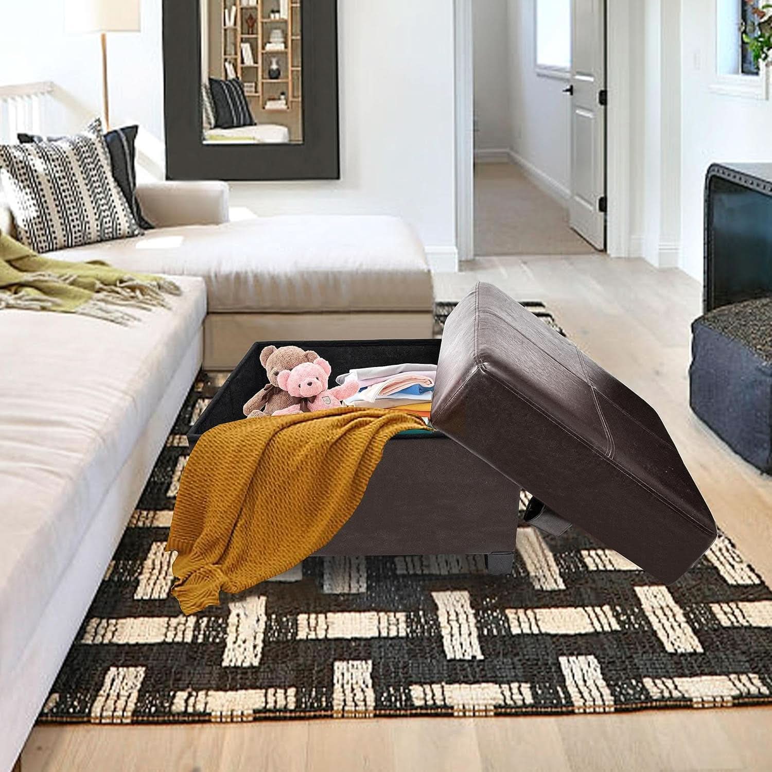 Brown Folding Storage Bench Ottoman Hidden Compartments