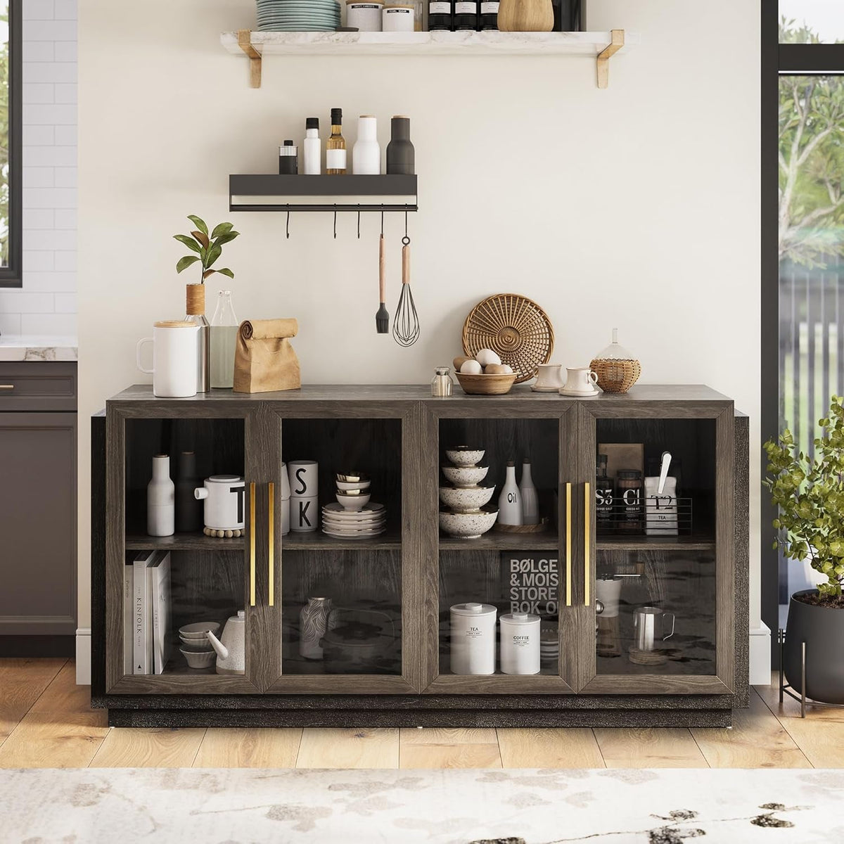 Brown Glass Doors Sideboard Buffet Cabinet With Storage