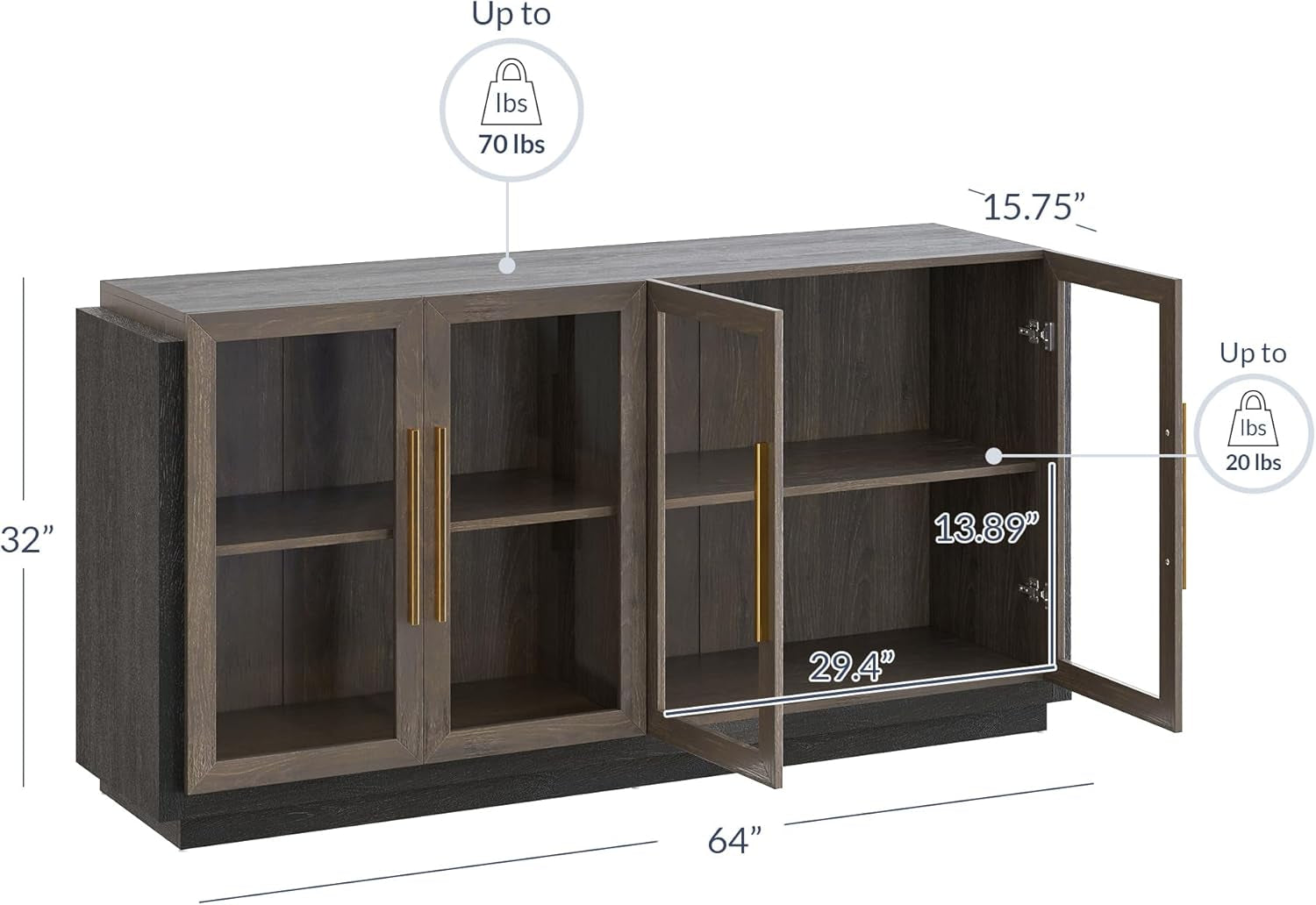 Brown Glass Doors Sideboard Buffet Cabinet With Storage