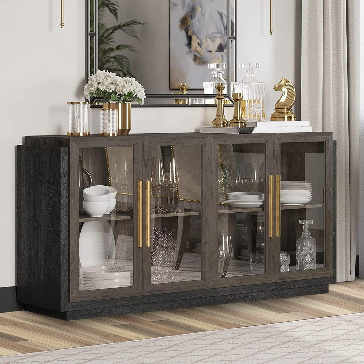 Brown Glass Doors Sideboard Buffet Cabinet With Storage
