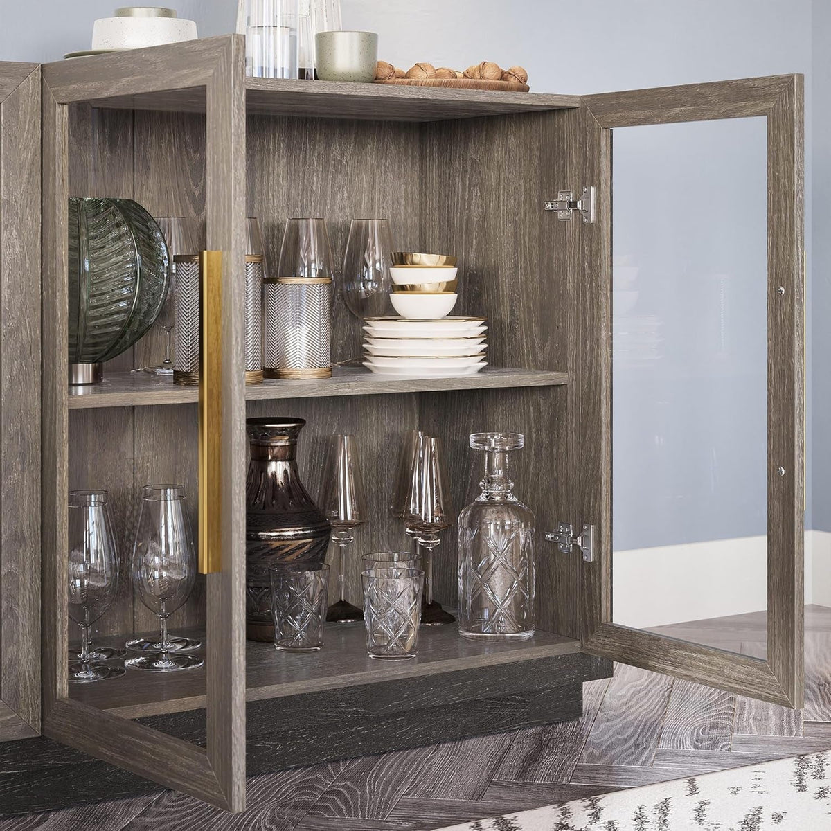 Brown Glass Doors Sideboard Buffet Cabinet With Storage