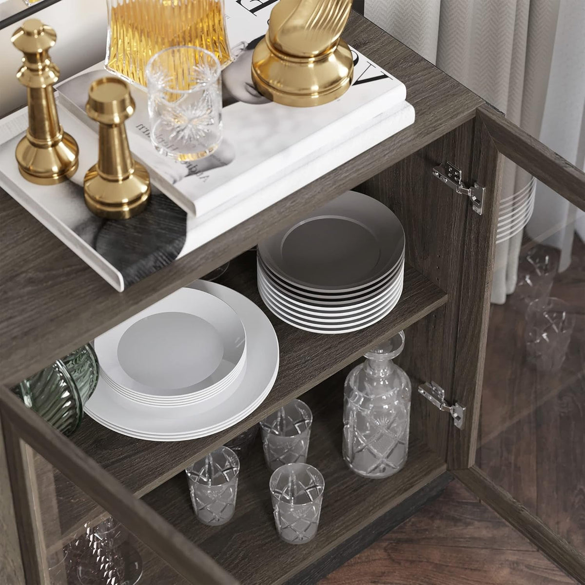 Brown Glass Doors Sideboard Buffet Cabinet With Storage