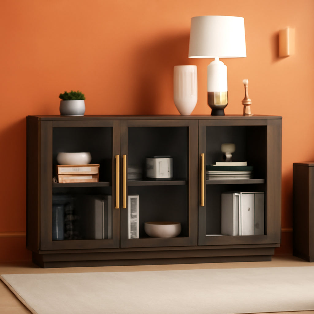 Brown Glass Doors Sideboard Buffet Cabinet With Storage