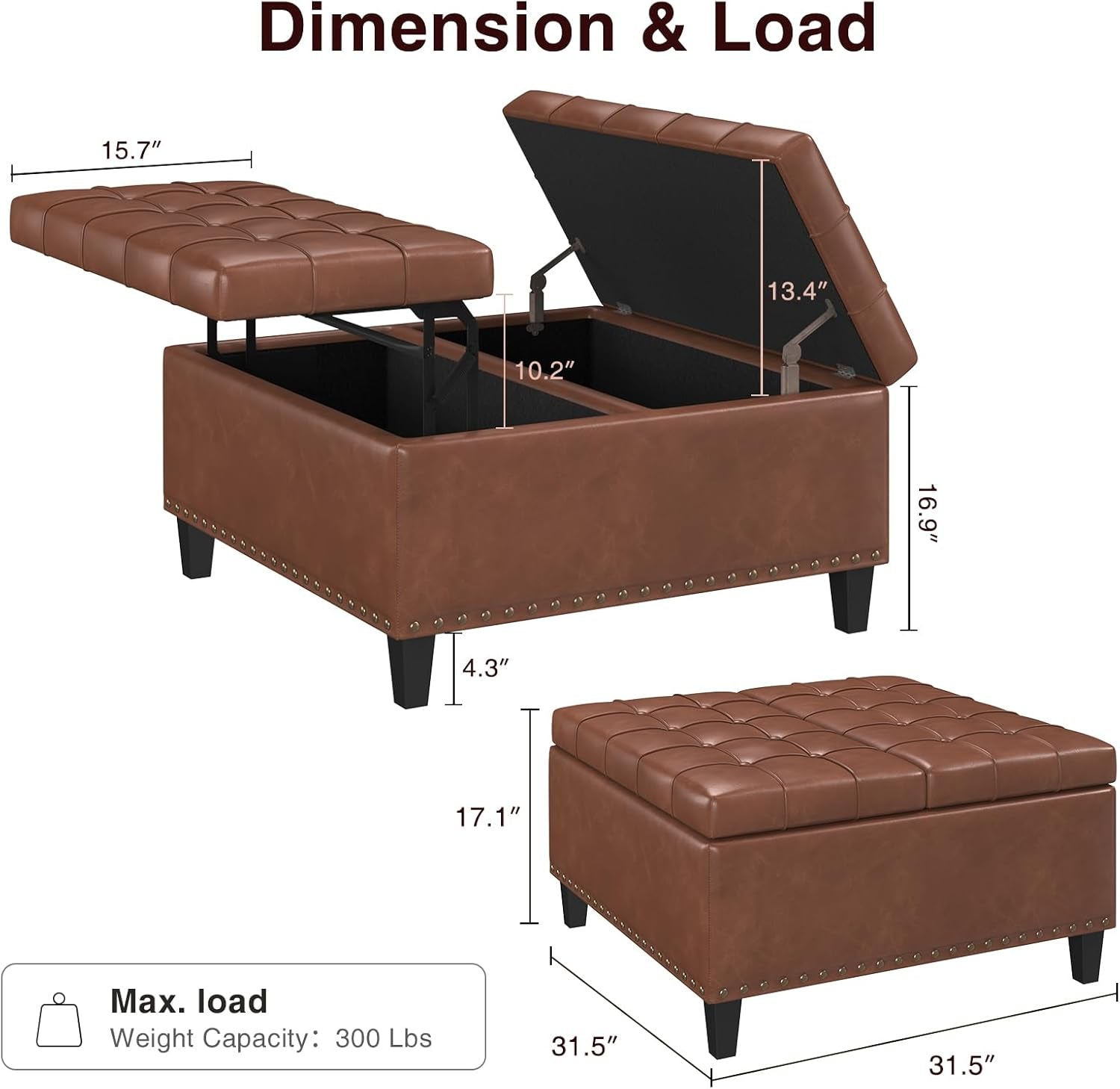 Brown Industrial Strength Leather Storage Ottoman Lift Top