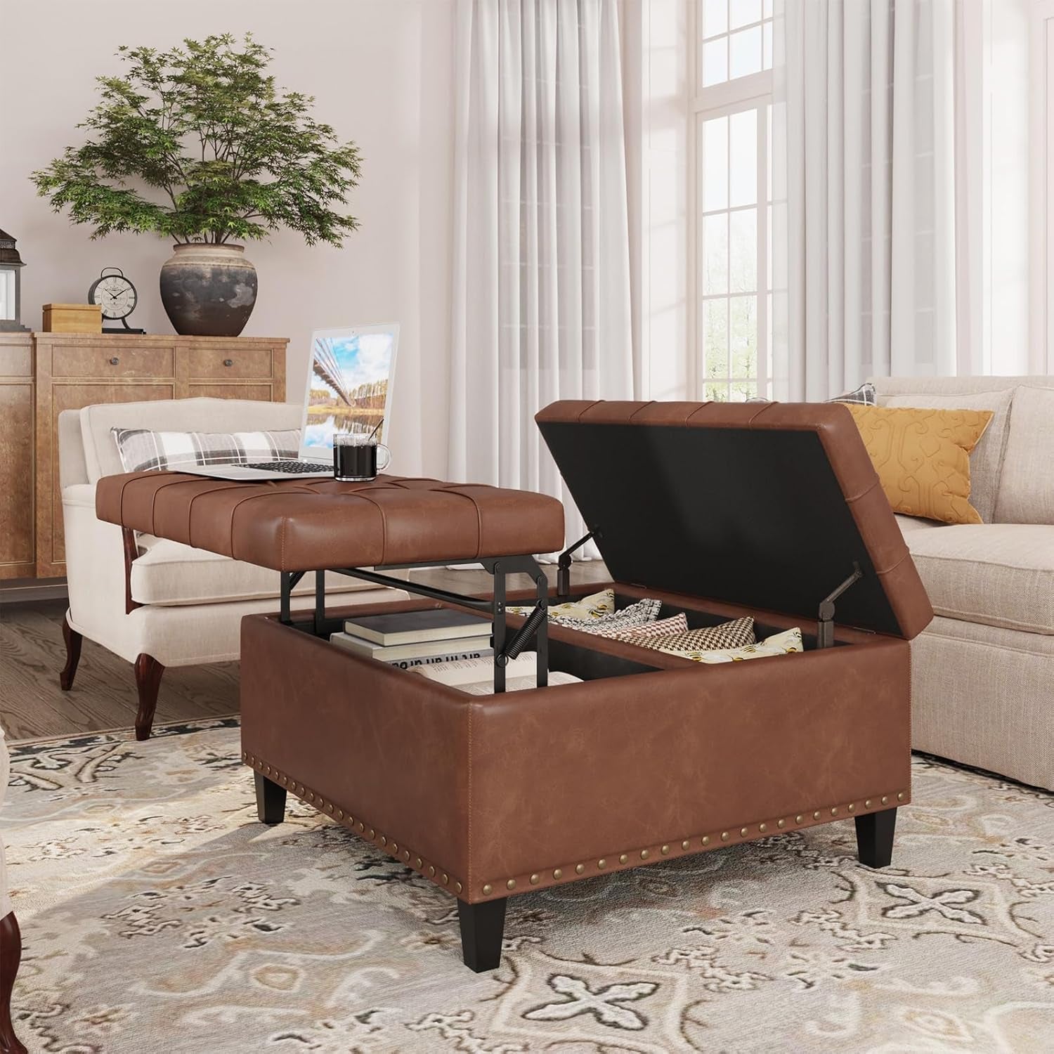 Brown Industrial Strength Leather Storage Ottoman Lift Top