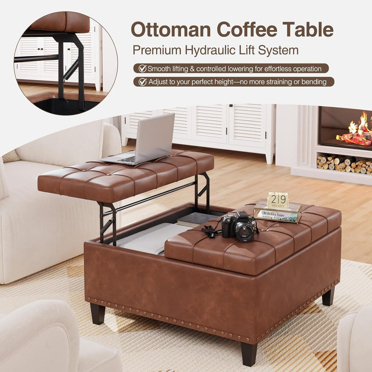 Brown Industrial Strength Leather Storage Ottoman Lift Top