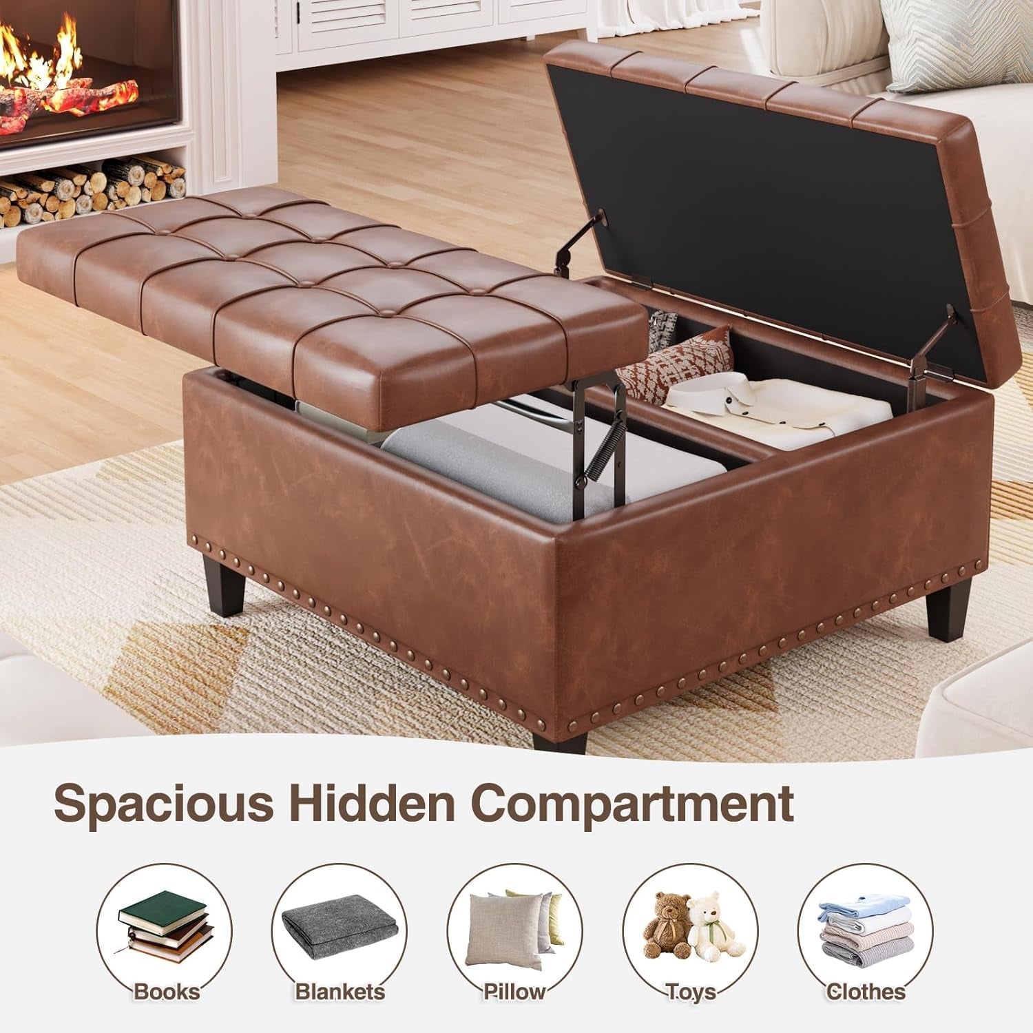 Brown Industrial Strength Leather Storage Ottoman Lift Top