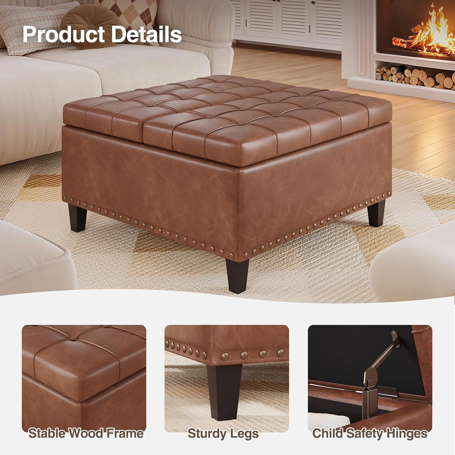Brown Industrial Strength Leather Storage Ottoman Lift Top