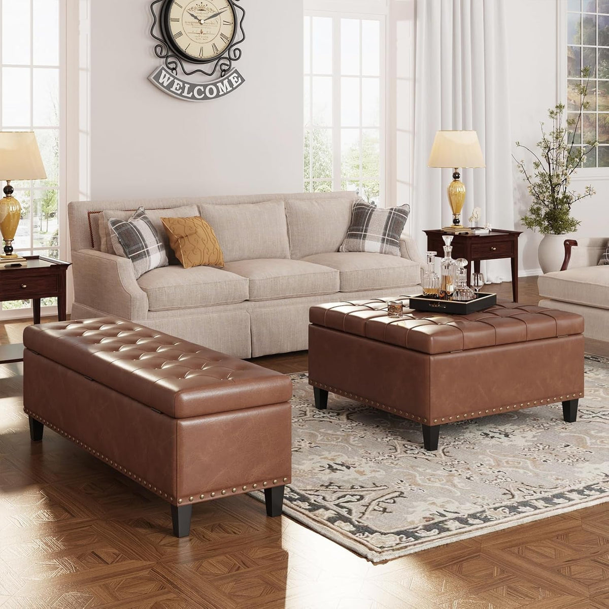 Brown Industrial Strength Leather Storage Ottoman Lift Top