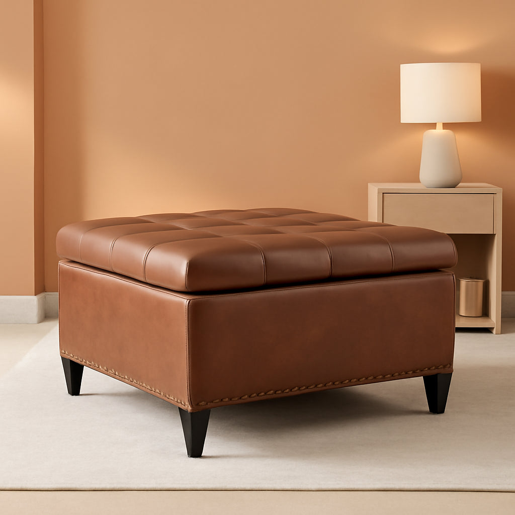 Brown Industrial Strength Leather Storage Ottoman Lift Top