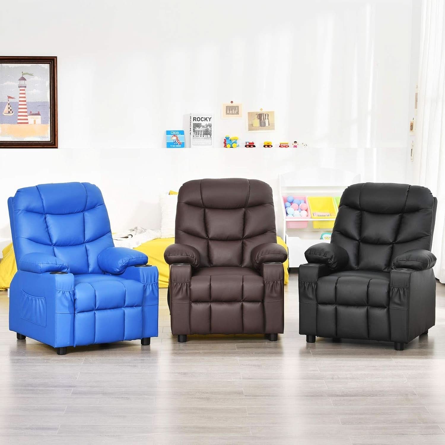 Brown Kids Recliner With Cup Holder And Adjustable Backrest