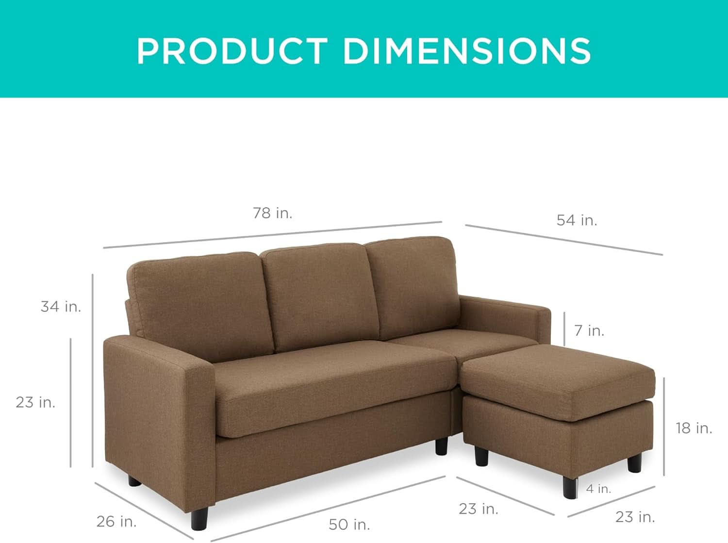 Brown L Shape Sectional Sofa With Reversible Ottoman