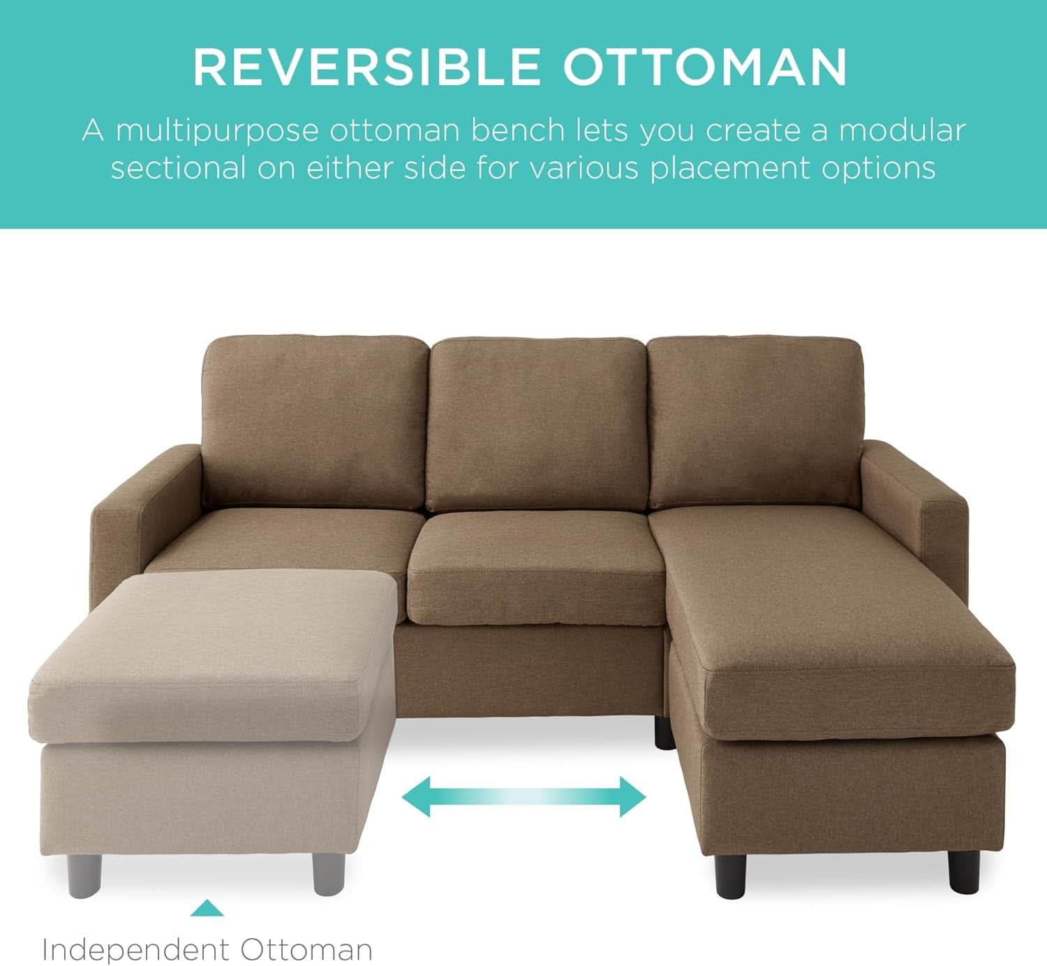 Brown L Shape Sectional Sofa With Reversible Ottoman