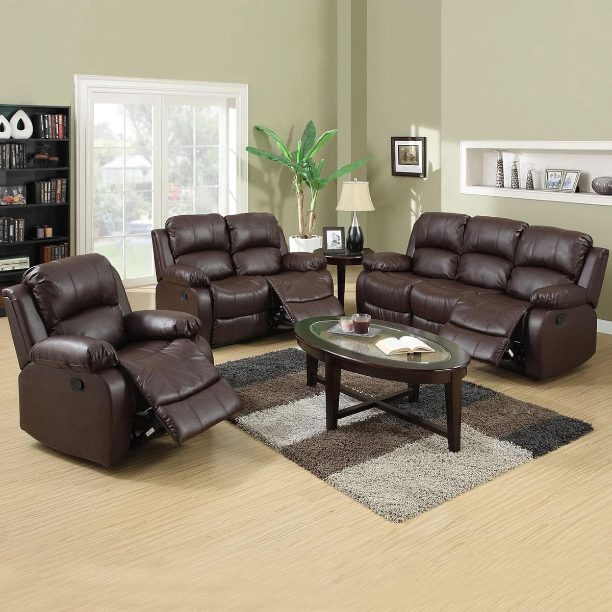 Brown Leather 3 Piece Recliner Sofa Living Room Set