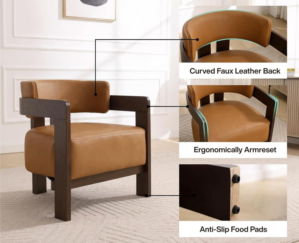 Brown Leather Barrel Chair Midcentury Upholstered WoodenLegs