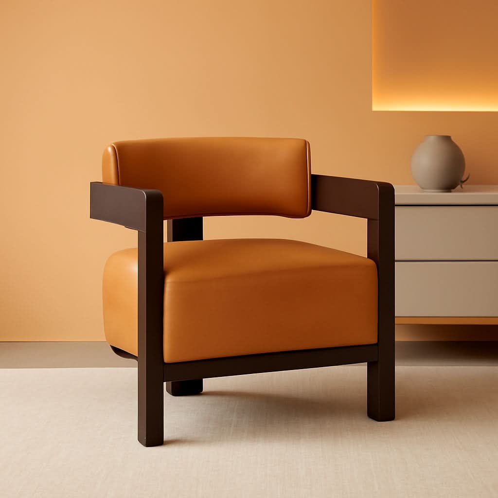 Brown Leather Barrel Chair Midcentury Upholstered WoodenLegs