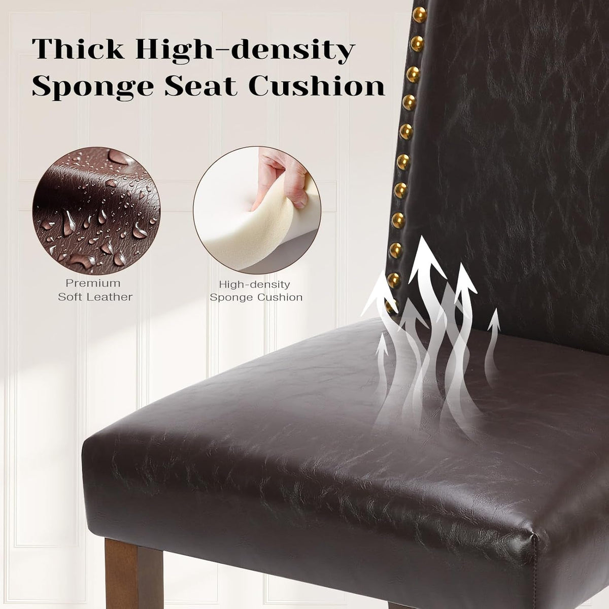 Brown Leather Dining Chairs Set of 4 With Nailhead Trim