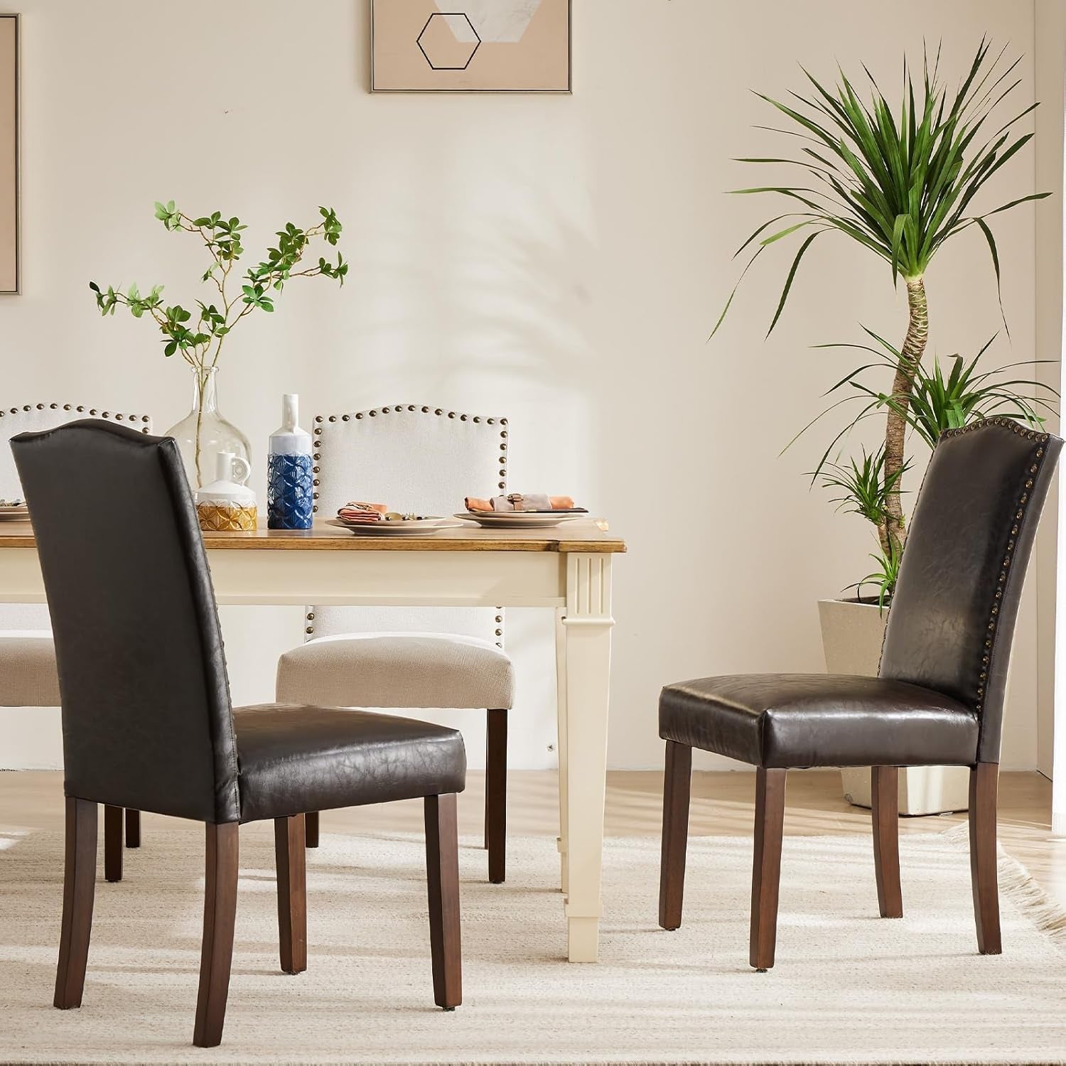 Brown Leather Dining Chairs Set of 4 With Nailhead Trim