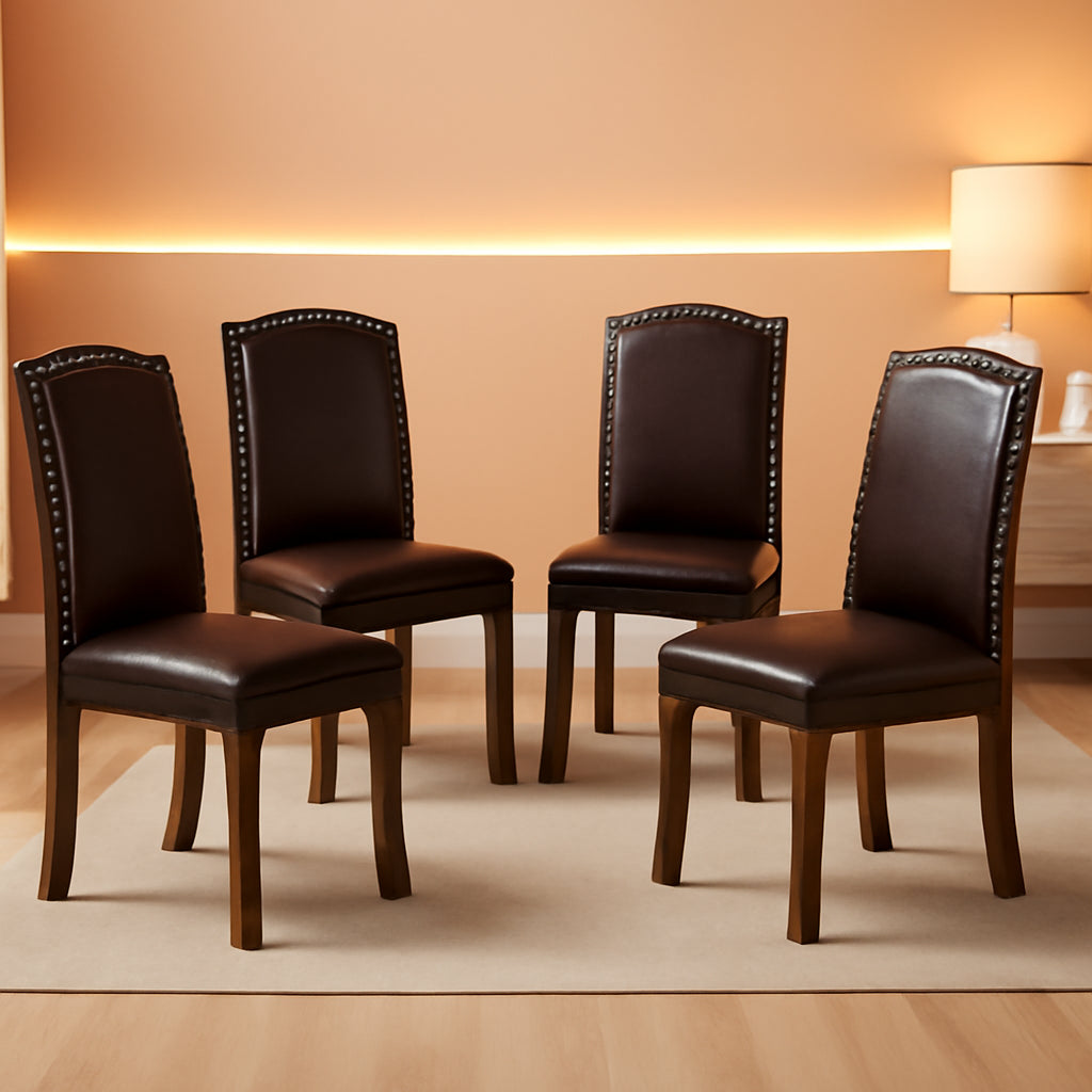 Brown Leather Dining Chairs Set of 4 With Nailhead Trim
