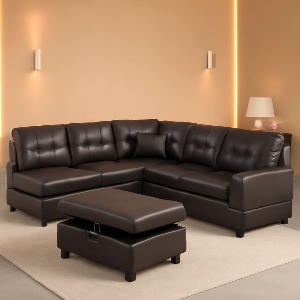 Brown Leather Sectional Sofa Set With Storage Ottoman And Left Facing Chaise
