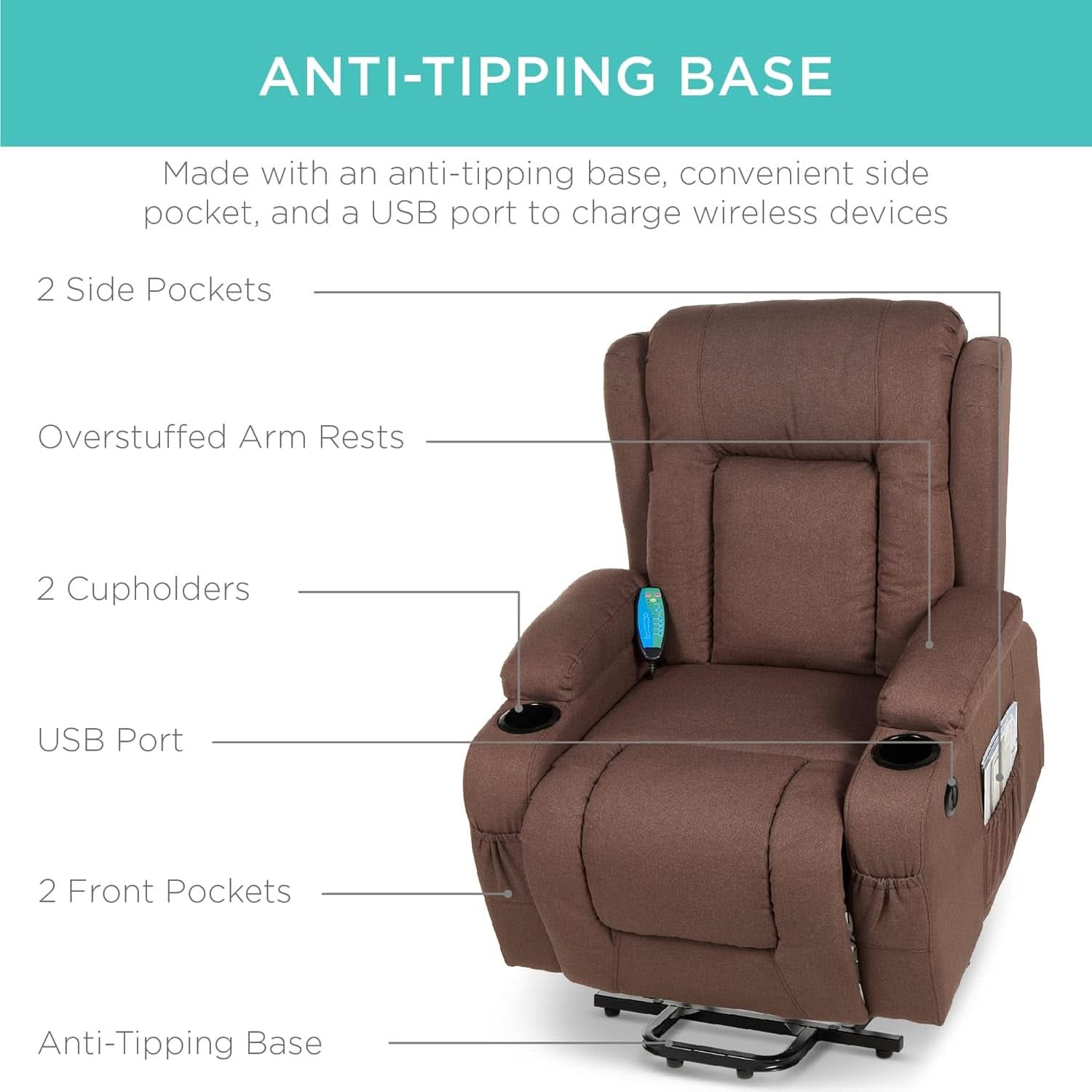 Brown Lift Recliner Chair With Massage And USB Port