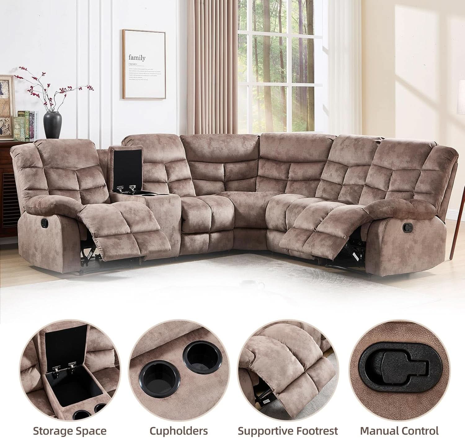 Brown Manual Reclining Sectional Sofa With Cup Holders