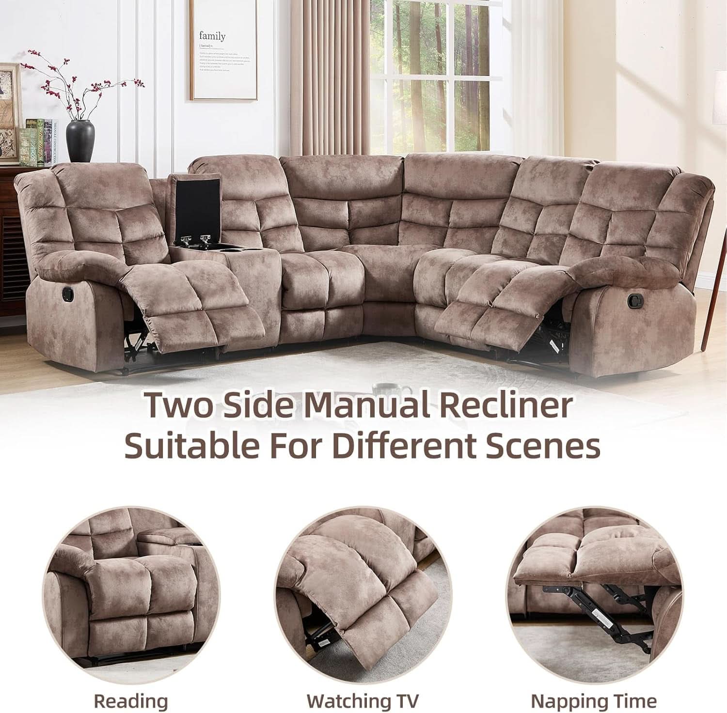 Brown Manual Reclining Sectional Sofa With Cup Holders