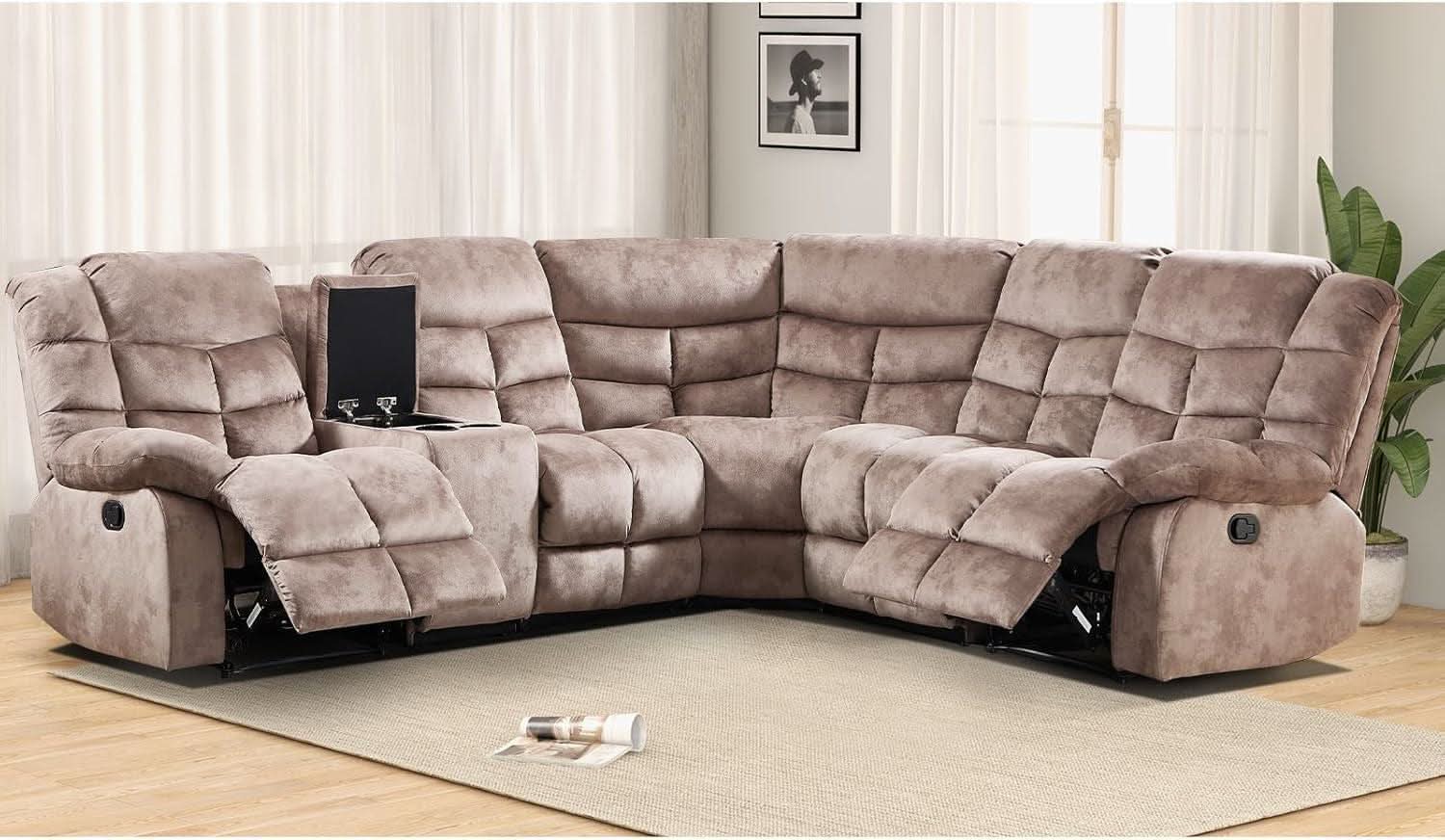 Brown Manual Reclining Sectional Sofa With Cup Holders
