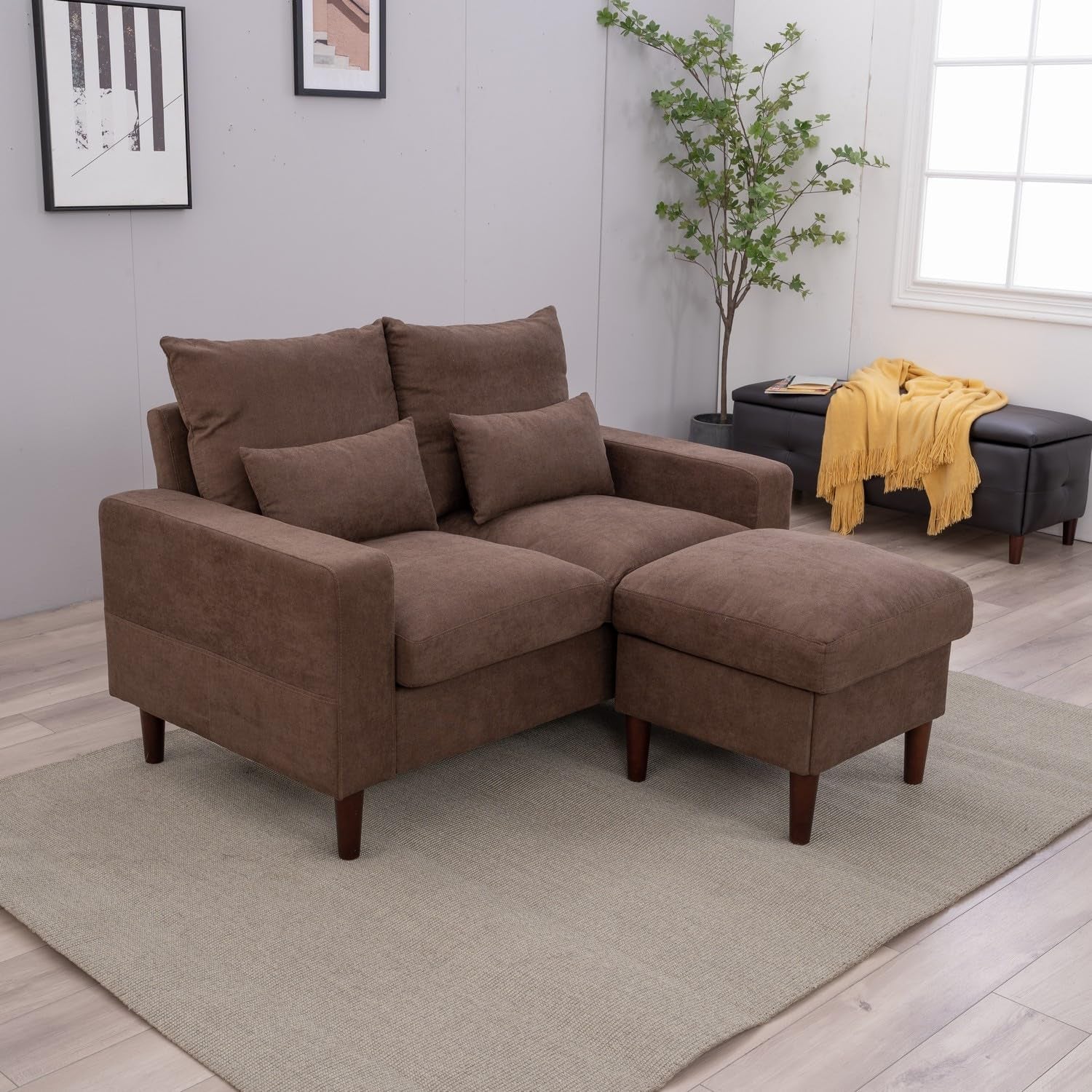 Brown Modern Sofa Set With Footstool 2 Seater 3 Seater