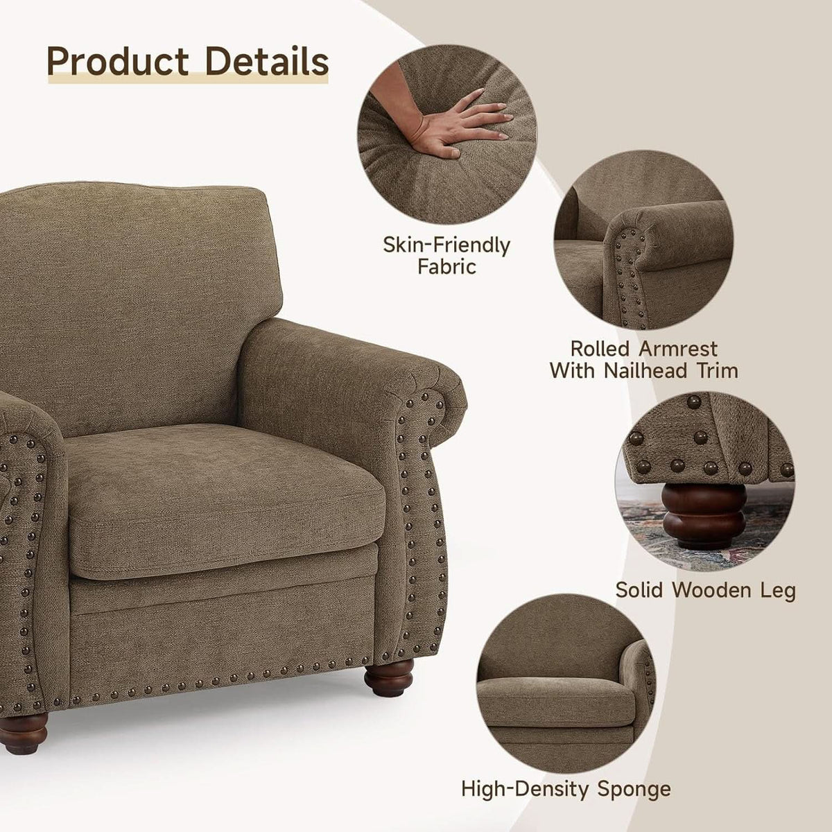 Brown Nailhead Trim Armchair For Living Room Decor