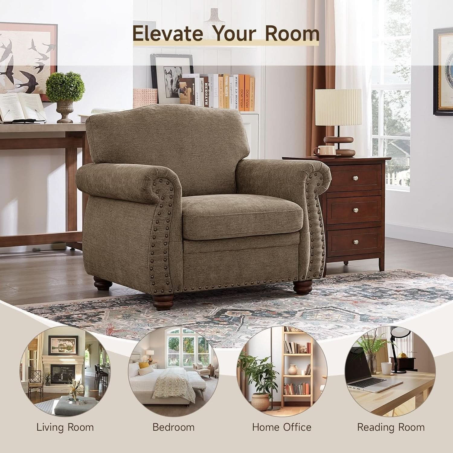 Brown Nailhead Trim Armchair For Living Room Decor