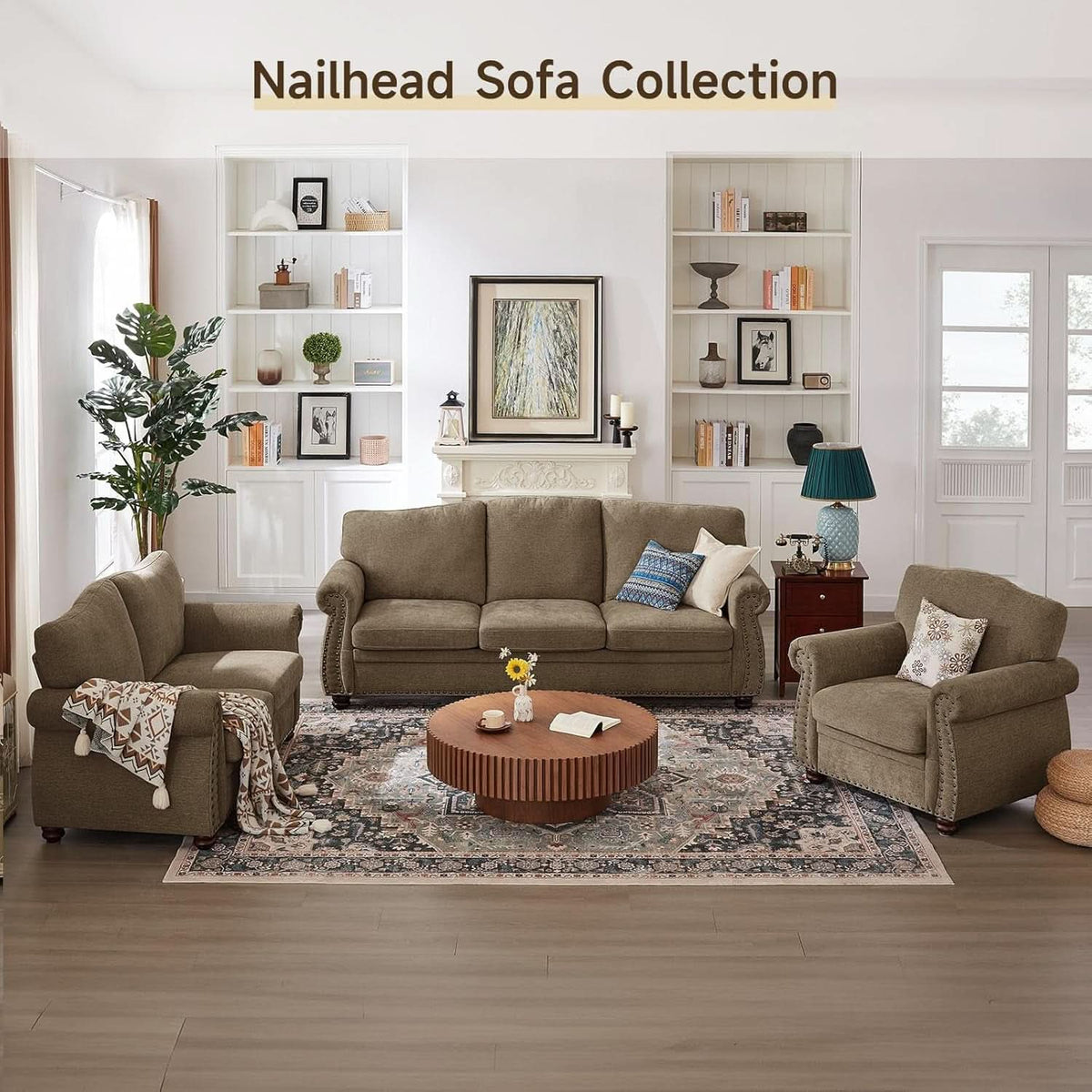 Brown Nailhead Trim Armchair For Living Room Decor