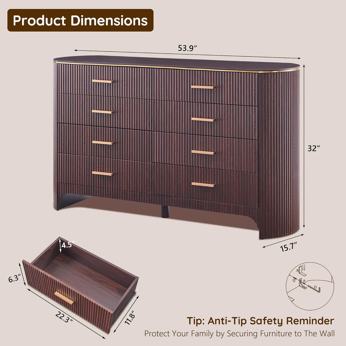 Brown Oak Dresser With Eight Drawers And Curved Profile