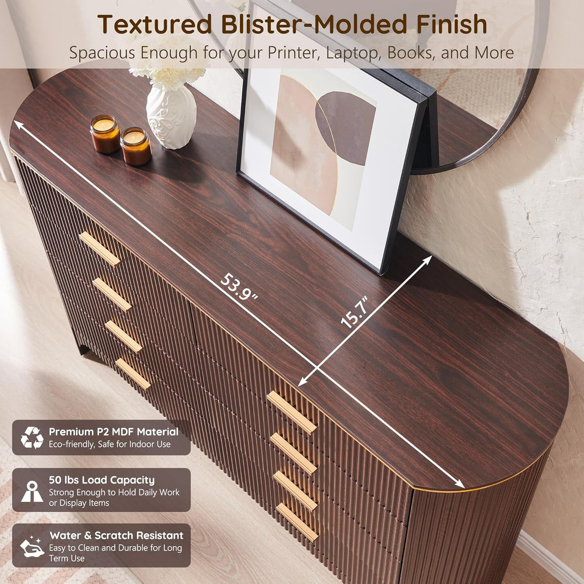 Brown Oak Dresser With Eight Drawers And Curved Profile