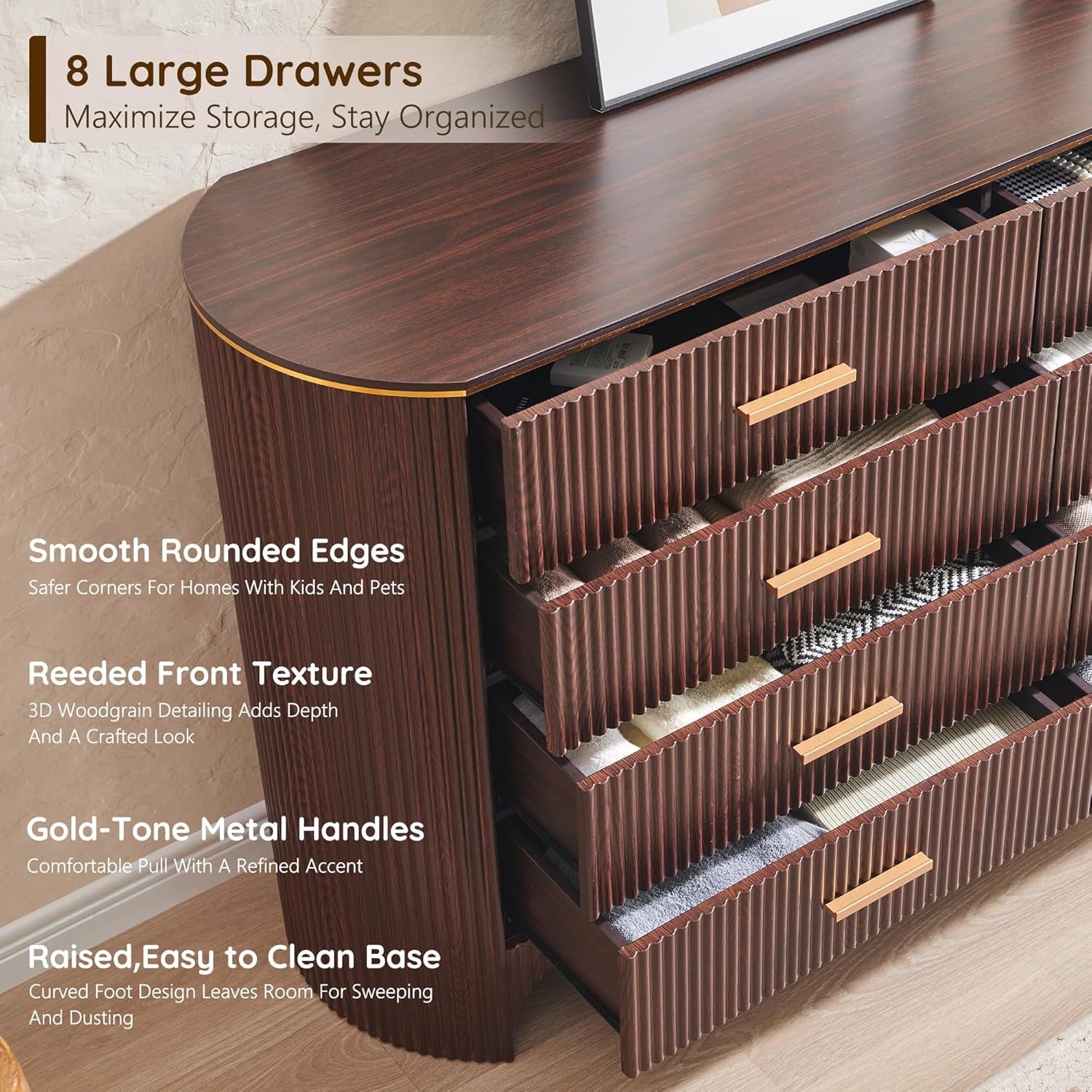 Brown Oak Dresser With Eight Drawers And Curved Profile