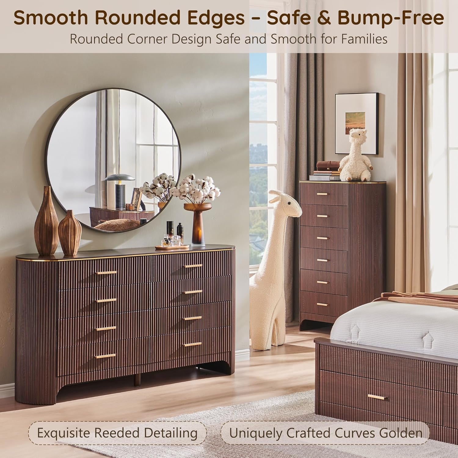 Brown Oak Dresser With Eight Drawers And Curved Profile