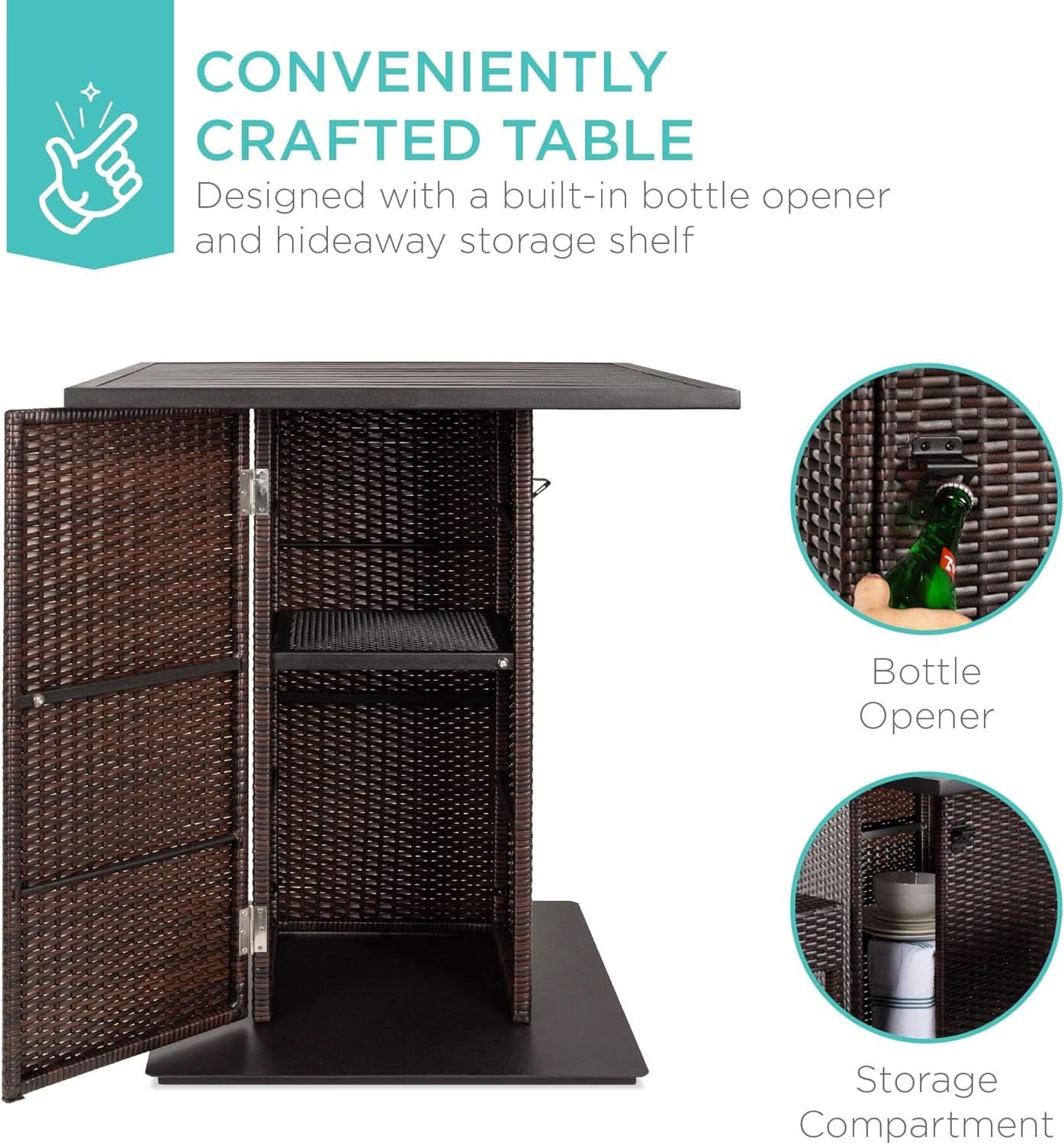 Brown Outdoor Wicker Bar Table Set With Bottle Opener