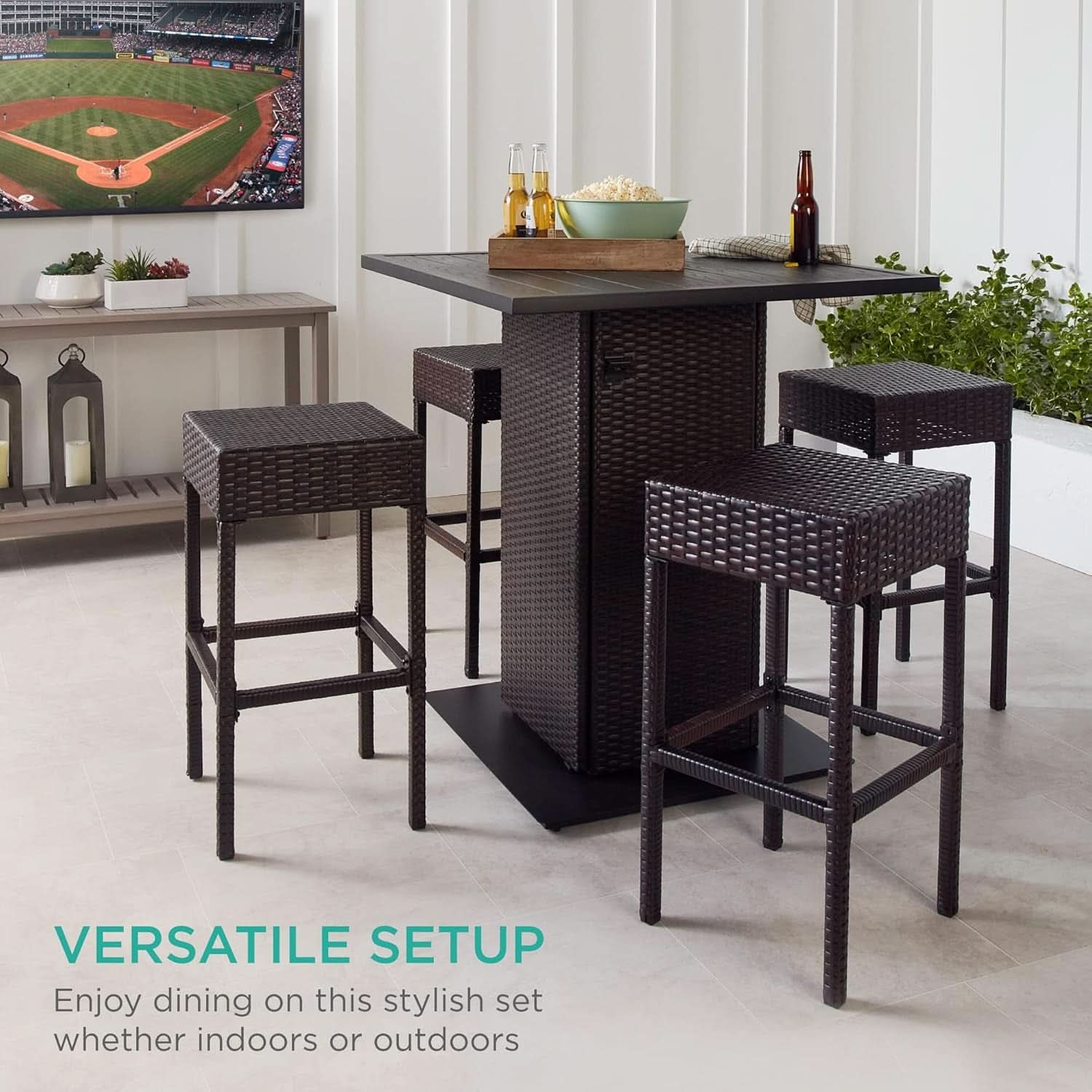 Brown Outdoor Wicker Bar Table Set With Bottle Opener