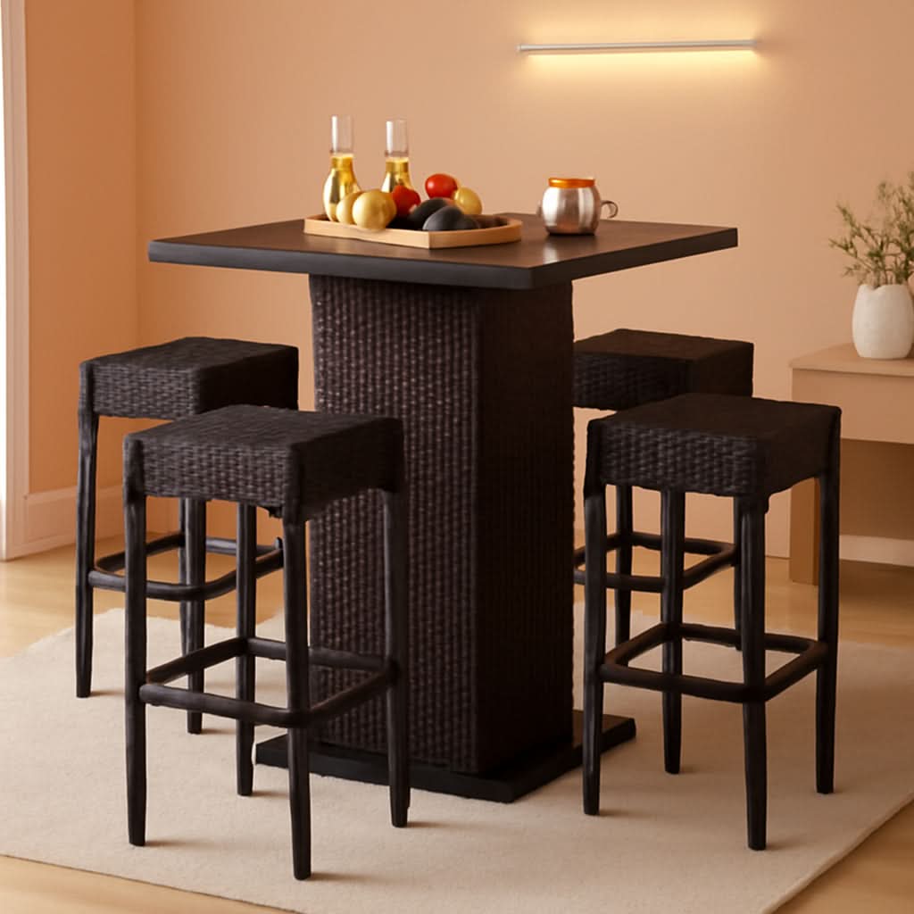 Brown Outdoor Wicker Bar Table Set With Bottle Opener