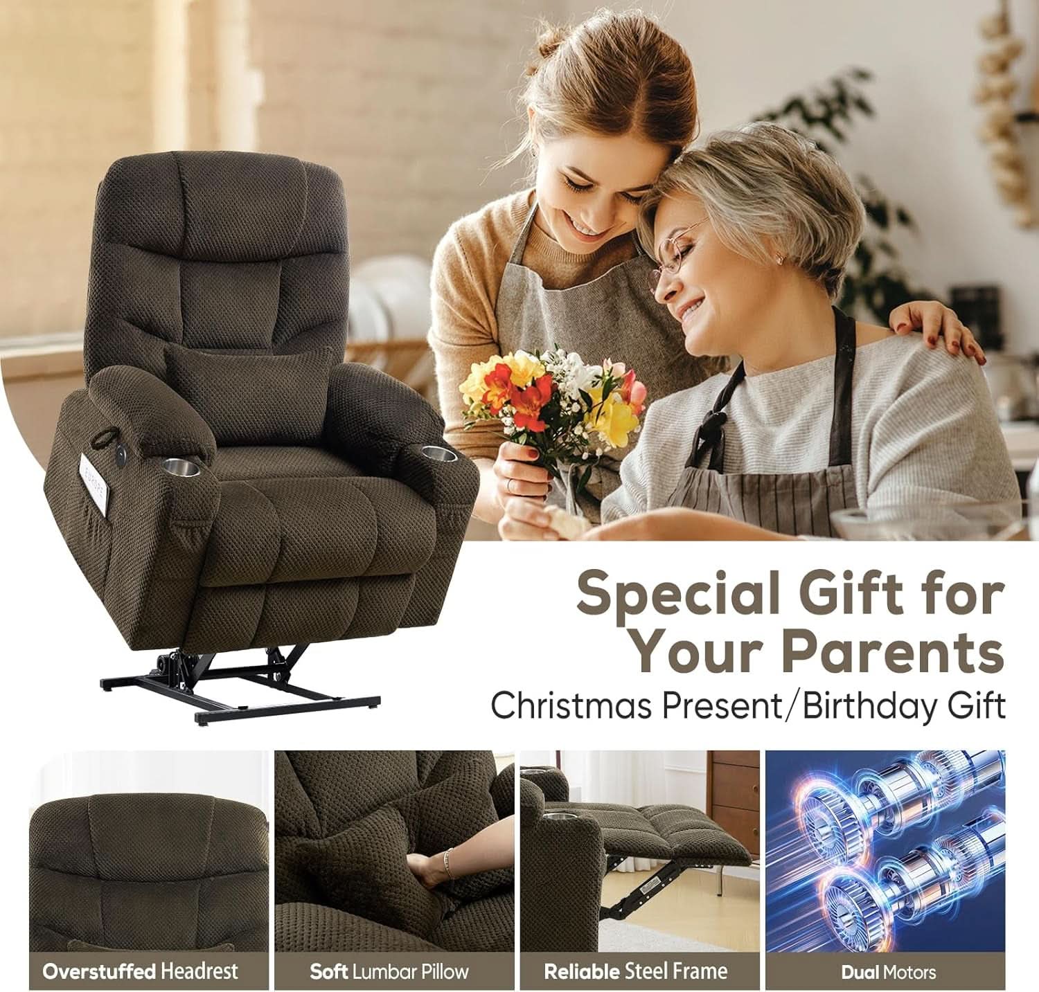 Brown Oversized Power Lift Recliner Chair For Living Room