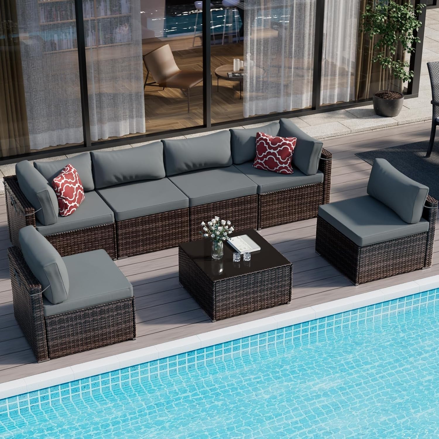 Brown PE Rattan 7-Piece Patio Furniture Sofa Set