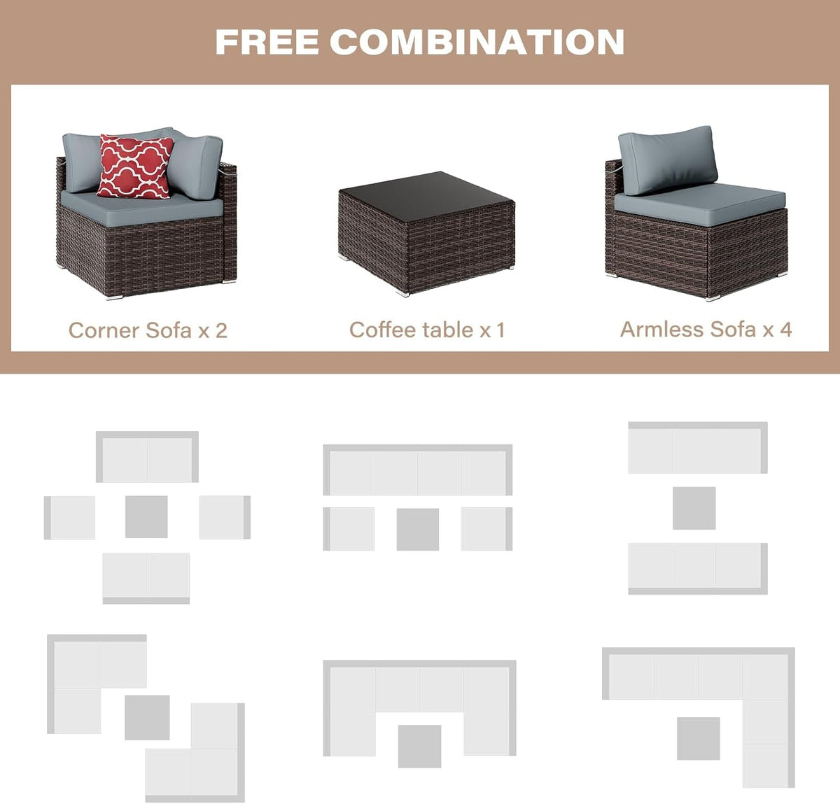 Brown PE Rattan 7-Piece Patio Furniture Sofa Set